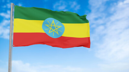 Ethiopia flag in the blue sky.Ethiopia's 3d flag floating in the wind with a blue sky in the background
