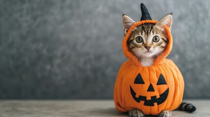 A cat in a Halloween costume is sitting on a table