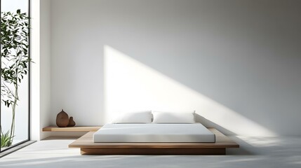 Minimalist Bedroom Interior Design with Wooden Bed and White Wall