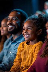 A cheerful Black family, including a father, mother, and daughter, watching a film together in a cinema. The warm glow from the screen illuminates their smiles as they enjoy the movie.