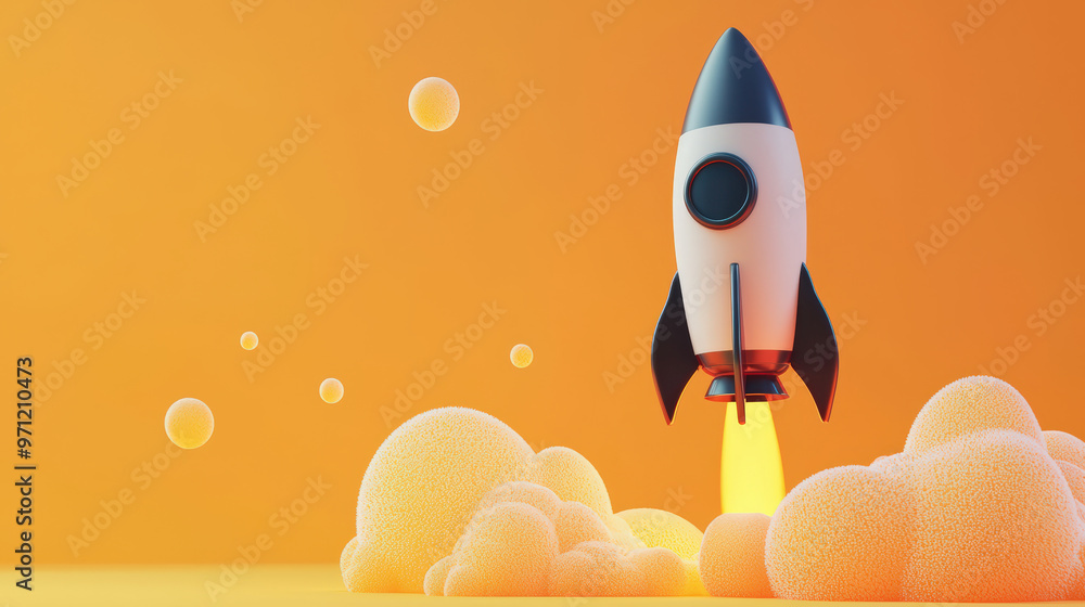 Aufkleber a rocket launching symbolizes startup growth and innovation, surrounded by soft clouds and bubbles, 