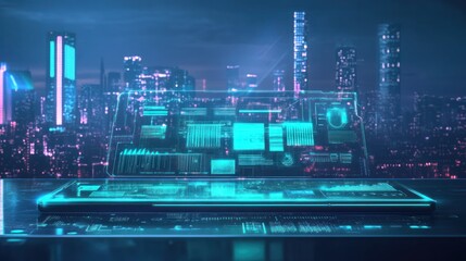 Fototapeta premium A futuristic holographic laptop display with digital data in a vibrant city backdrop.
