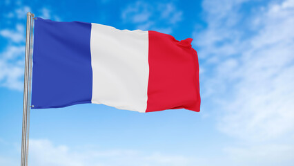 France flag in the blue sky.France 3d flag floating in the wind with a blue sky in the background