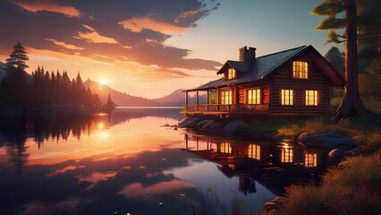 Wooden house in the evening twilight on the shore of the lake. Rest during sunset on the shore of the reservoir.