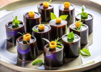 A futuristic and modern dessert consisting of grass jelly sheets rolled into cylindrical shapes, arranged on a geometric pattern on a white plate, garnished with edible flowers.