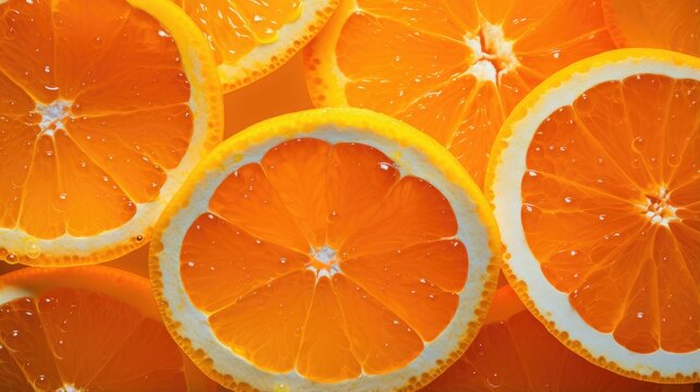 A vibrant arrangement of orange slices, showcasing their juicy texture and bright color, ideal for food-related content.