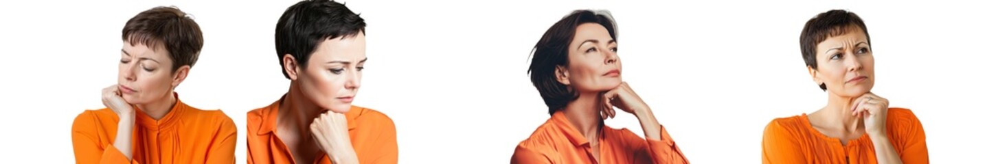 Fototapeta premium Pretty mid-aged gray haired woman in orange shirt looks down in contemplation. Beautiful grey haired woman in orange shirt isolated on grey background.