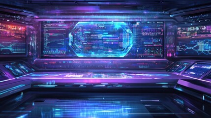 Fototapeta premium Futuristic control room with vibrant holographic displays and advanced technology interfaces.