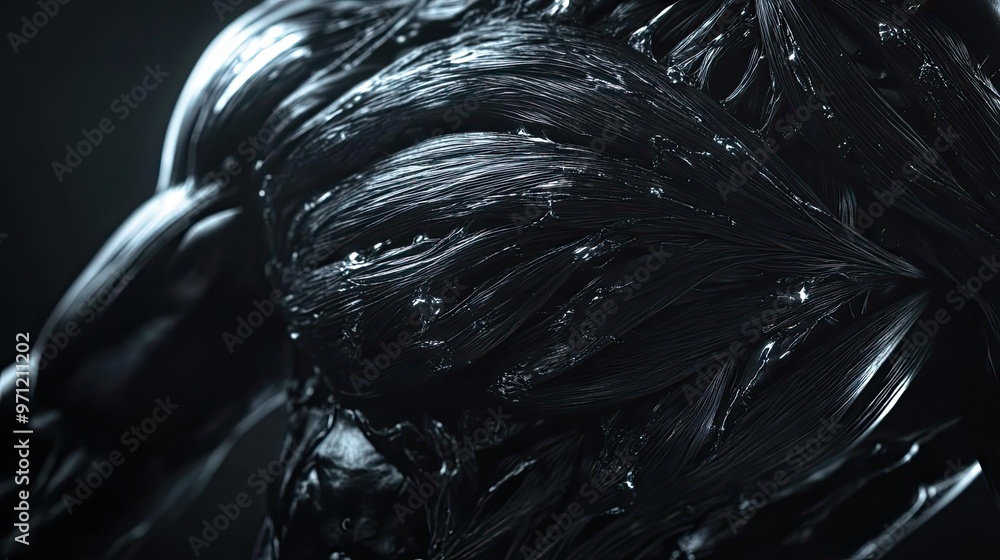 Poster a close-up of an abstract figure with fluid black texture, showcasing intricate details and a captiv