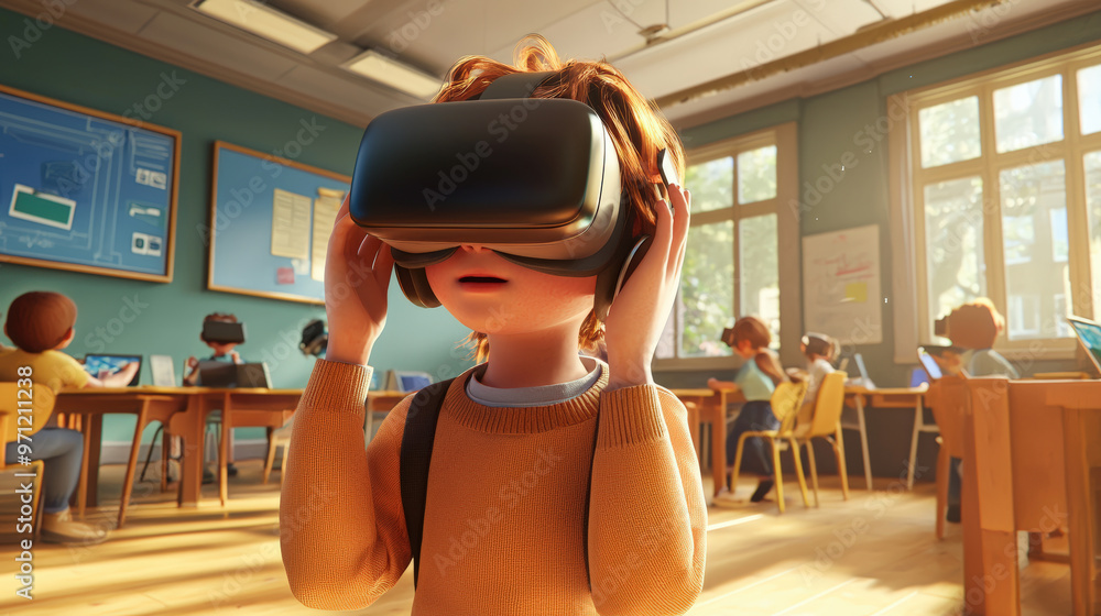 Poster immersive learning environment with child using vr technology in classroom setting, showcasing engag