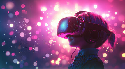 Naklejka premium A child in virtual reality glasses experiences an interactive learning environment, surrounded by vibrant colors and lights. scene captures wonder and excitement of technology
