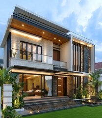 Fototapeta premium Modern Two Story House With Stone Exterior And Large Windows