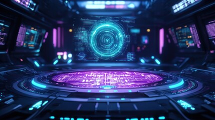 Obraz premium Futuristic control room with holographic displays and glowing interfaces.