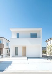 Modern Minimalist White House with Wooden Door and Front Yard