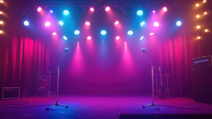 A vibrant stage set with colorful lights and two microphones, creating an energetic atmosphere perfect for performance. scene captures essence of early 2000s pop star vibes