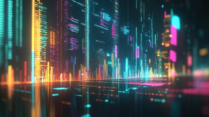Obraz premium A vibrant digital landscape with colorful data streams and patterns.