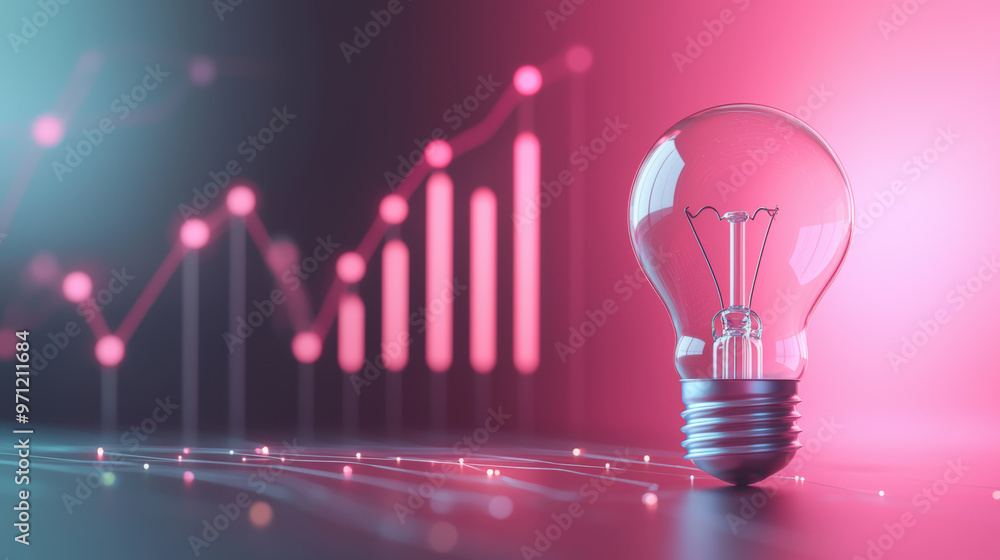 Poster a lightbulb symbolizes innovation and creativity, set against vibrant background with growing chart 