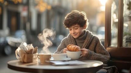 Cute handsome young boy with white skin Sitting happily eating hot cocoa and croissants in a winter cafe.