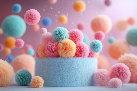 Vibrant Pompon Podium - Soft 3D Illustration for Promotions and Events