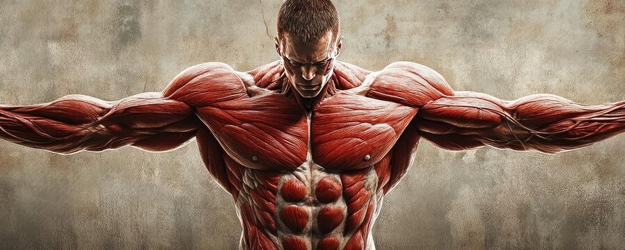 Powerful display of muscular strength and physique against a textured backdrop, showcasing dedication to fitness and bodybuilding.
