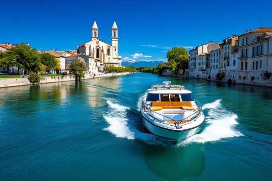 A boat cruising down the Rh&Atilde;&acute;ne River, offering a unique perspective of Arles' charming riverside architecture