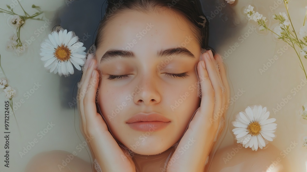 Wall mural Serene woman floating in water with daisies surrounding her 