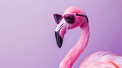 Flamingo bird in cat-eye sunglasses, standing on a solid pastel lilac background