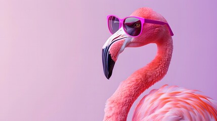 Flamingo bird in cat-eye sunglasses, standing on a solid pastel lilac background