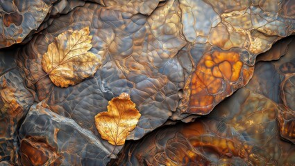 Natural Art. A close-up of colorful, textured rock with dried leaves scattered on top.