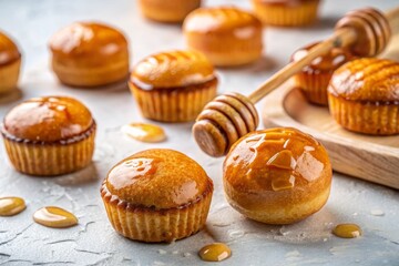 Golden-brown Honningkager cookies scattered on a clean white surface, with a drizzle of warm honey oozing from the center of the frame.