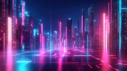 Futuristic cityscape with neon lights and digital elements.