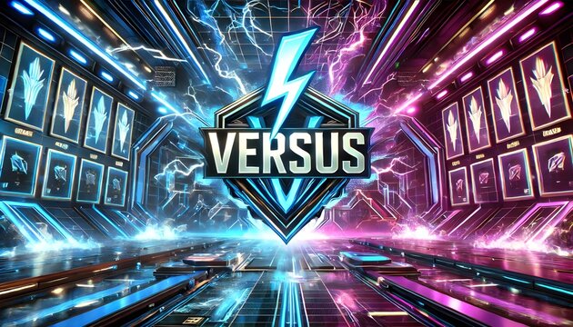 a futuristic "Versus" symbol, surrounded by vibrant blue and pink energy streaks, symbolizing a competitive showdown or battle.