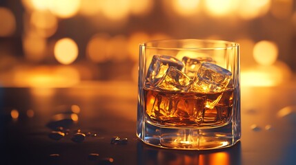 Elegant Product Photography of Whiskey Glass with Ice Cubes in Golden Light | High-Definition, Studio Lighting, Soft Shadows, Super-Detailed Image