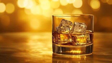 Premium Whiskey in Golden Light - High-Definition Product Photography of Glass with Ice Cubes, Studio Lighting and Soft Shadows