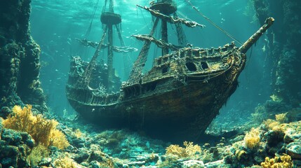 Lost Pirate Ship - Underwater Digital Illustration of Deteriorated Vessel Surrounded by Coral Reef and Marine Life