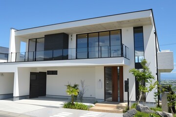 Modern White House with Glass Balcony and Wooden Door