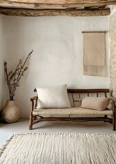 Rustic Wooden Bench with White Pillows and Rug in a Minimalist Interior Design
