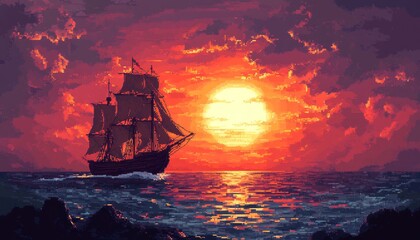 Obraz premium Adventure Awaits: Pixel Art Pirate Ship Sailing on the High Seas. AI Digital Illustration of Nautical Exploration and Horizon View.