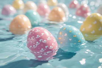 Obraz premium Colorful easter eggs floating in water. 3d render illustration with generative ai