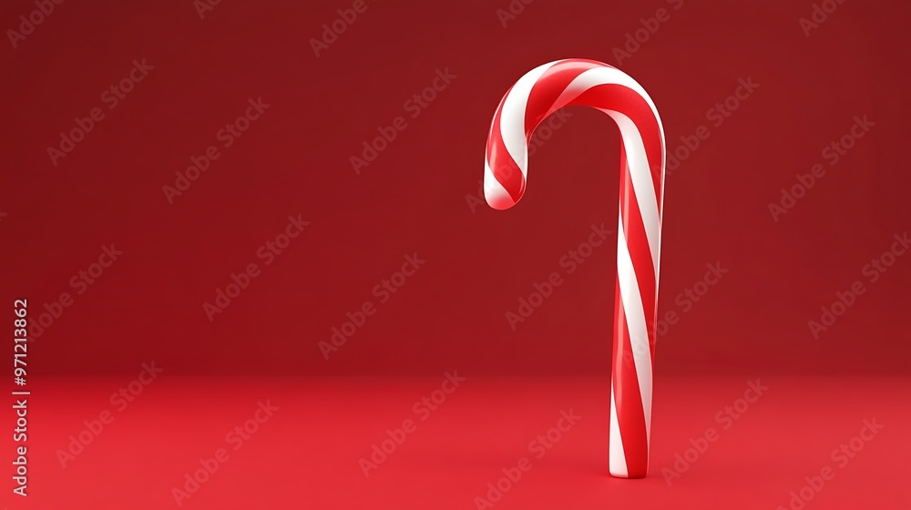 Poster festive candy cane in minimalist style on red background - 3d render side view