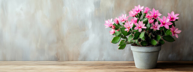 Thanksgiving cactus in full bloom with vibrant pink flowers placed on a wooden table against a soft gray background