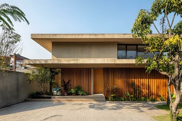 Naklejka premium Modern Minimalist House with Concrete and Wood Exterior