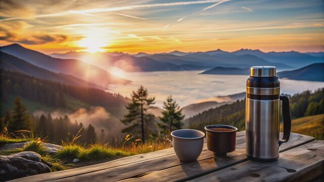 Misty mountain sunrise with a view of the valley from a wooden table with a thermos and two cups of tea