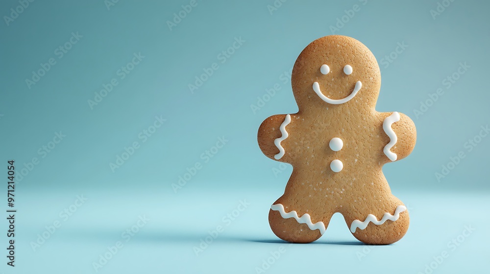 Poster delicious gingerbread man cookie in minimalistic style on light blue background - 3d render side vie