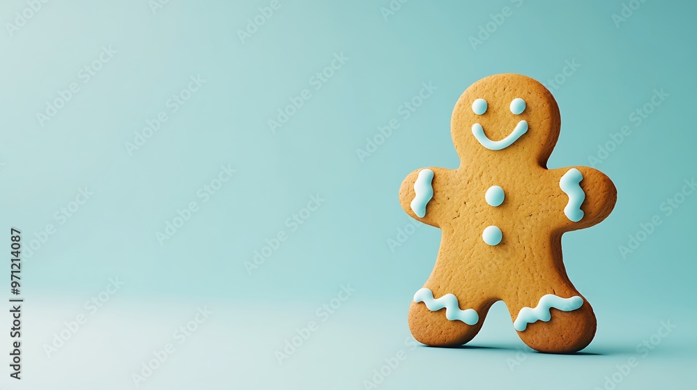 Poster sweet gingerbread man cookie in minimalistic style on light blue background - 3d render side view