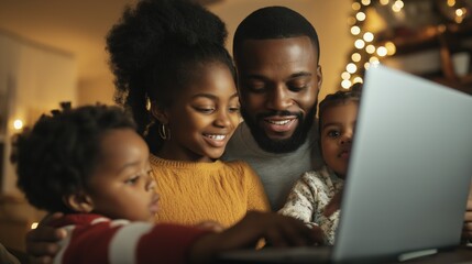 A family enjoys a Thanksgiving virtual fundraiser together from their living room with warm decorations and engaging online activities