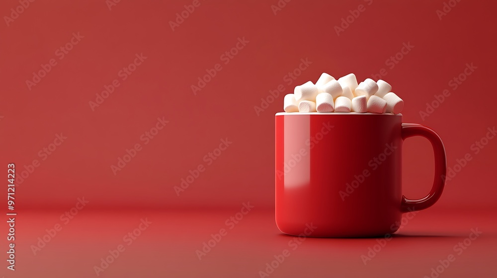 Aufkleber cozy 3d render of hot cocoa mug with marshmallows in minimalistic style on red background - side vie