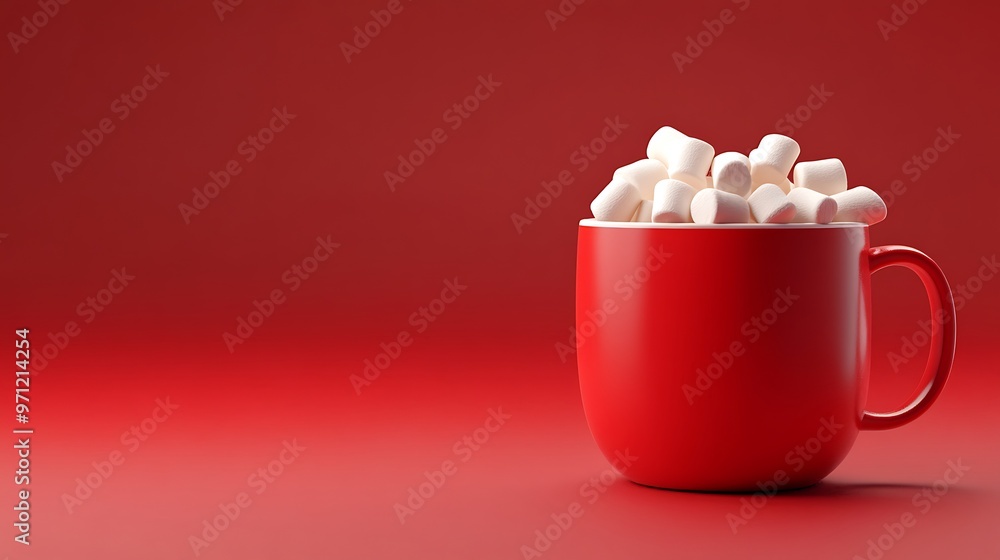 Aufkleber warm and cozy 3d render of hot cocoa mug with marshmallows on red background in minimalistic style