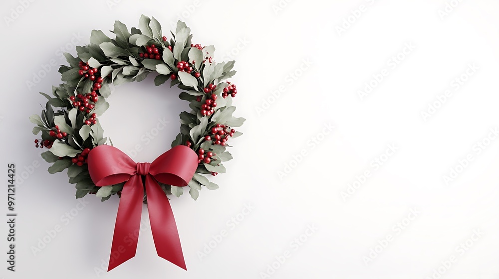 Aufkleber elegant 3d render of minimalistic wreath with red ribbon on white background - side view