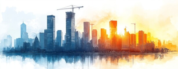 Fototapeta premium Sunrise Over a Bustling City Skyline Under Construction With Cranes Background